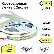 Светодиодная лента белая 12V IP20 3000K 19,2W/м. 240 LED SMD 2835.