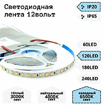 Светодиодная лента белая 12V IP20 6500K  9,6W/м. 120 LED SMD 2835.