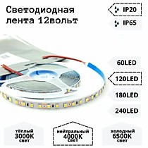 Светодиодная лента белая 12V IP20 4200K  9,6W/м. 120 LED SMD 2835.